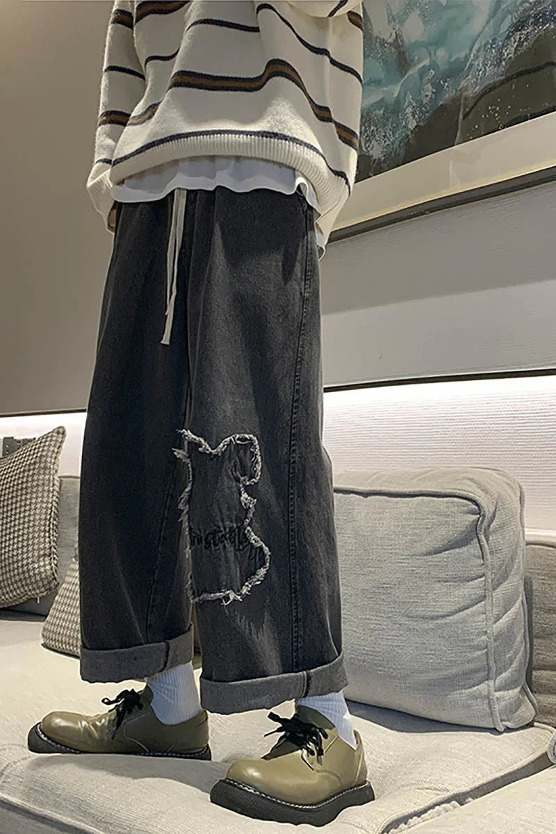 saferido Men's Baggy Homme Blue/black Color Straight Pants Cargo Pocket Printing Jeans Biker Denim Oversized Trousers Size M-5XL