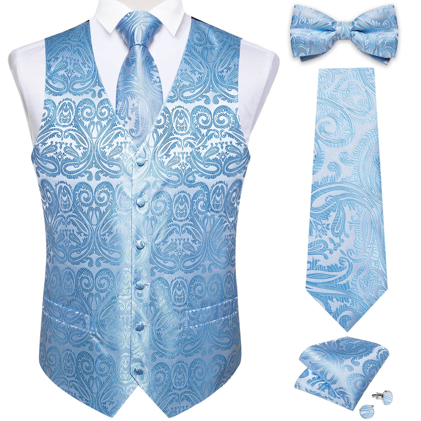 Men Black Paisley Vest Necktie Bowtie Pocket Square Cufflinks Dress Set Classic 5 PCS Business Waistcoat for Man
