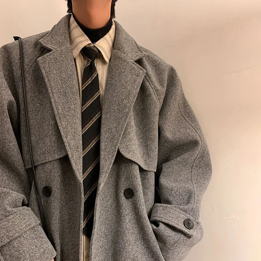 saferido Mens Gray German Woolen Coat Autumn Winter Mid-Length Thickened High-End Retro Elegant Handsome Comfortable Coat Oversize