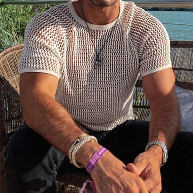 New Fashion Solid Color Hollow Knit T-shirts Men Spring Summer Leisure O Neck Basic Tops Mens Clothing Casual Short Sleeve Tees