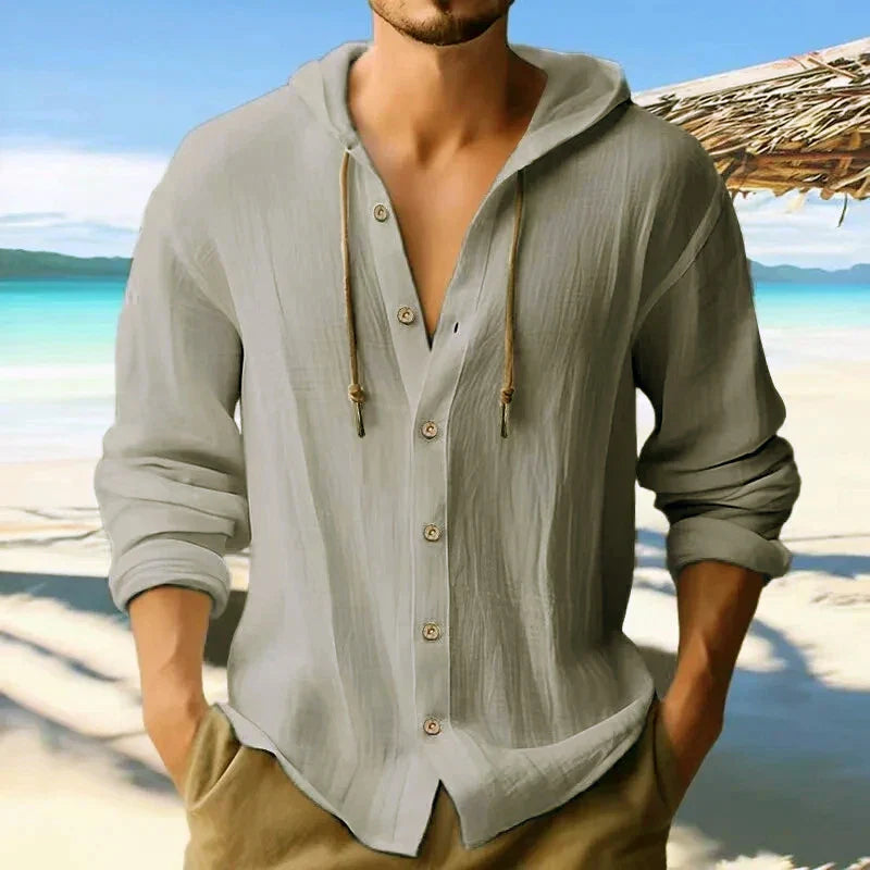 Summer Men Cotton Linen Shirt Solid Streetwear Long Sleeve Hoodie Cardigan Clothing For Male Tops Casual Loose Button Man Shirts