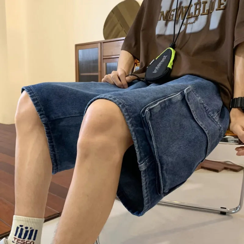 saferido Summer Denim Shorts Men Oversized Vintage Pocket Cargo Shorts Men Japanese Streetwear Hip Hop Loose Wide Leg Shorts Mens Jeans