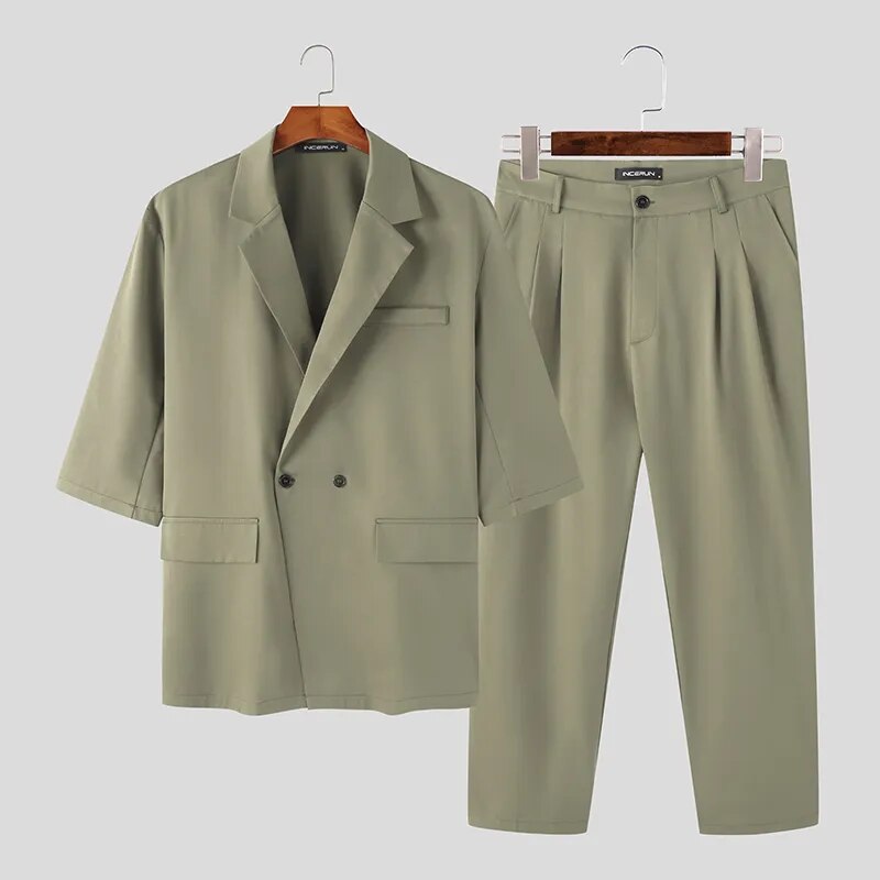 Korean Style New Men's Short Sleeve Suits Long Pants Sets Fashion Casual Male Solid All-match Two Piece Sets S-5XL