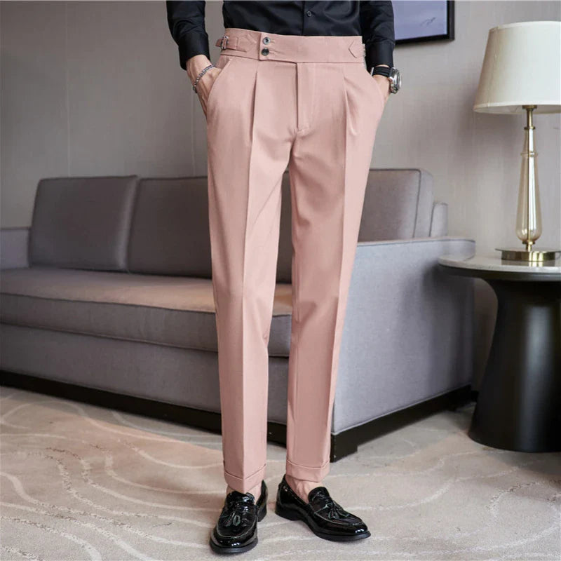 saferido British Style Men High Waist Casual Dress Pant Men Belt Design Pink Trousers Formal Office Social Wedding Party Dress Suit Pants