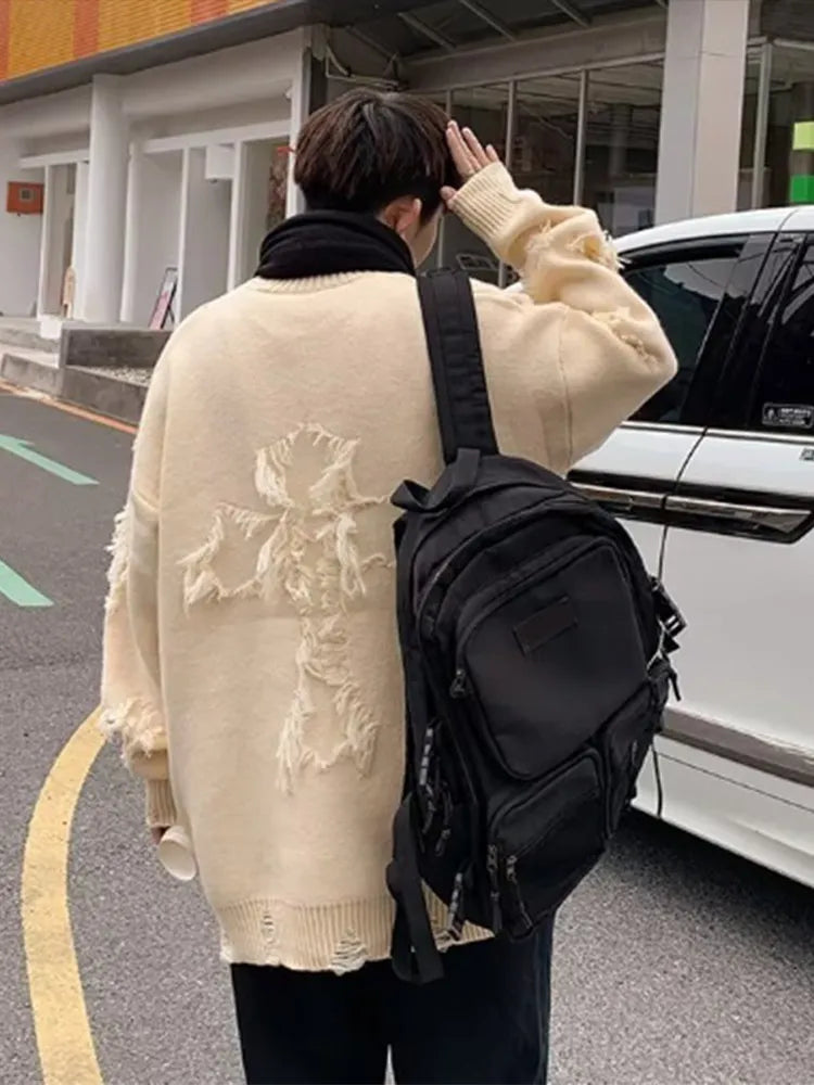 Solid Long Sleeve Hole Knitted Sweater Men Tassels O-neck Hooded Streetwear Man Autumn Winter Fashion New Men's Clothing