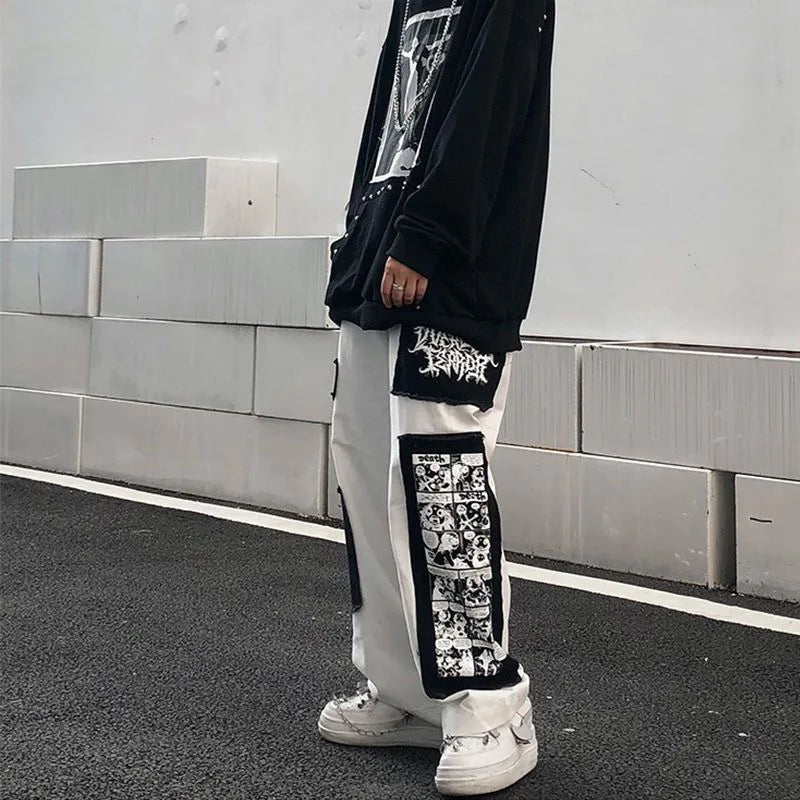 saferido Large Size Cargo Pants Men Spring Autumn Cartoon Patch Ins Fashion Casual Trousers High Street Harajuku Streetwear Male Clothes