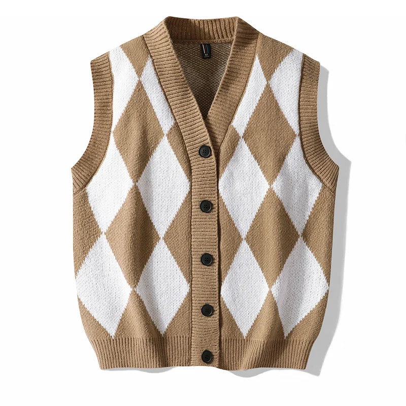 Men's Plaid Sweater Vest Sleeveless V-Neck Button Cardigan Vest Fashion Office Knitted Vest Classic Fit Tank Tops
