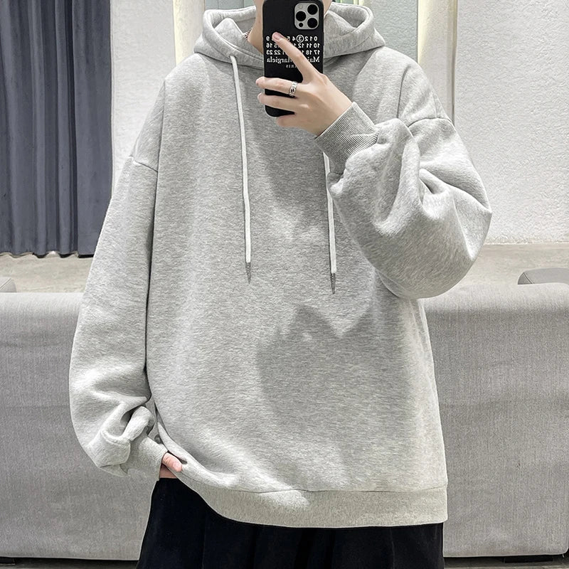 saferido Men's Multicolour Patternless Hooded Sweatshirt Korean Loose Large Size 5XL Casual Long Sleeve Top Simple Unisex Style T-Shirt