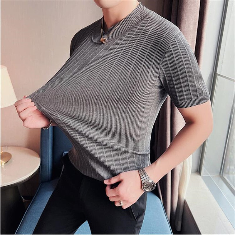 Summer Knitted Elasticity T Shirt Men Half High Collar Short Sleeve Casual Slim Fit Sweater Tops Tees Social Club T-Shirt
