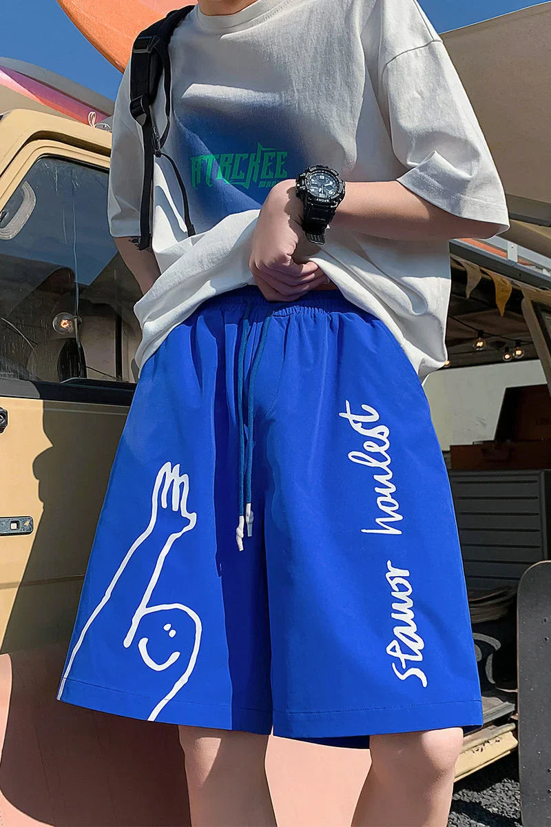 saferido Beach Casual Pants Men's Thin Street Hip-hop Trend Fashion Sports Loose Straight Shorts Oversize Print Graffiti Summer Clothes