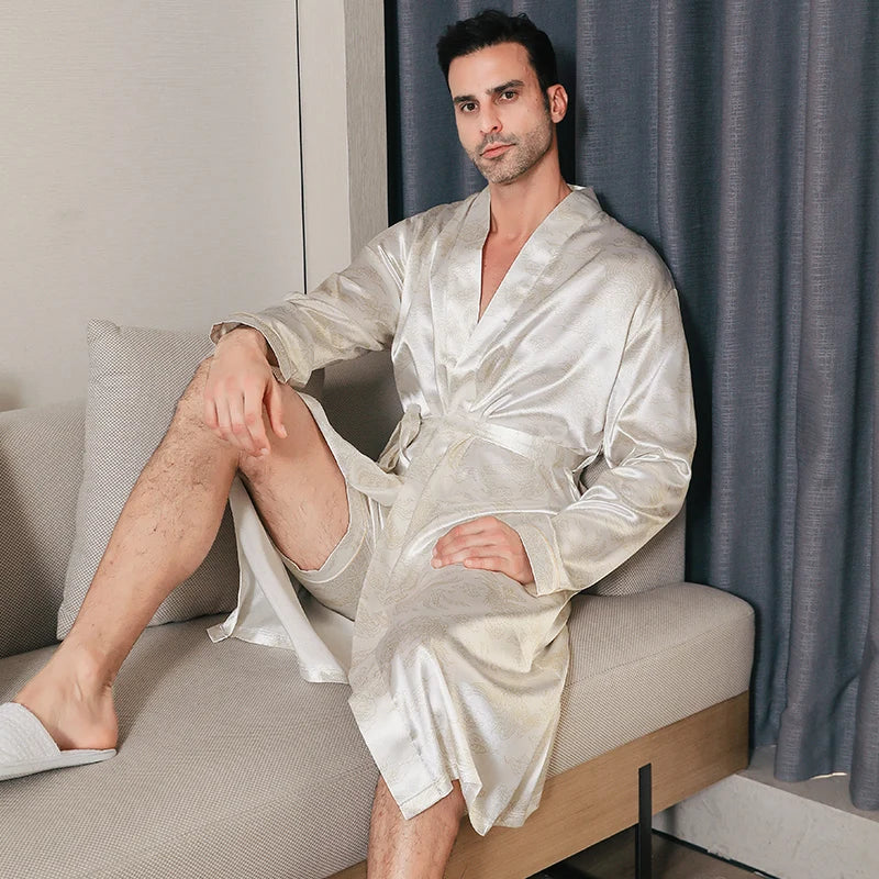 saferido Pajama men's spring and autumn silk thin style oversized pajamas long sleeved bathrobes ice silk bathrobes home clothing summer