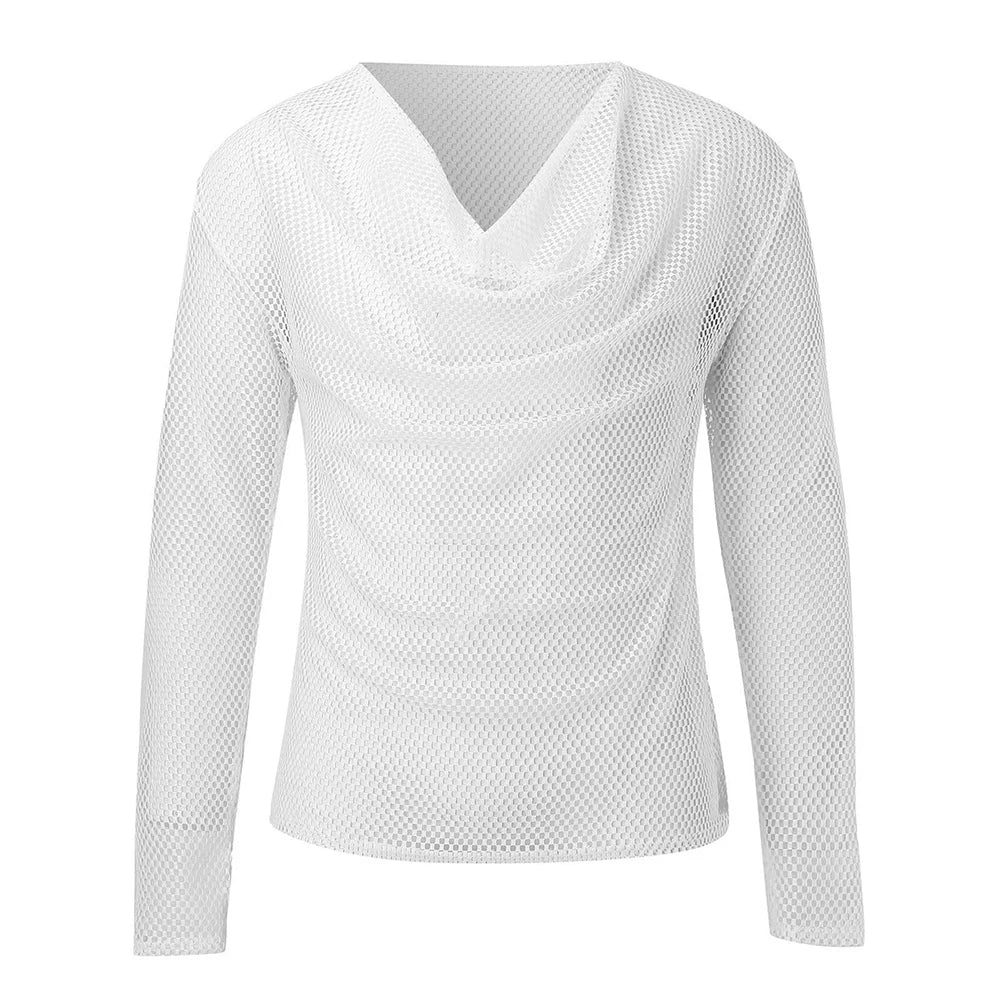 Mens Sexy See-Through Mesh Long-Sleeved Top New Genderless Nightclub Individuality Youthful Thin Low-Cut T-Shirt Unisex