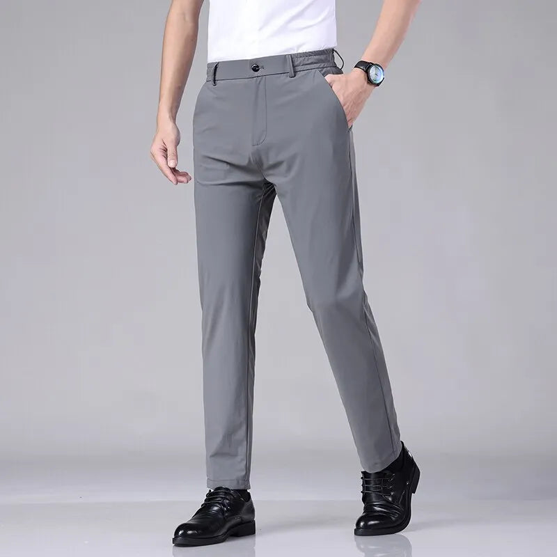 Summer Casual Pants Men Thin Business Stretch Slim Elastic Waist Jogger Korean Classic Thin Black Gray Blue Trousers Male