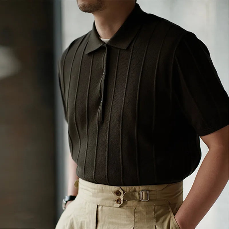 Casual Solid Knit Polo Shirt Mens Clothes Fashion Buttoned Lapel Short Sleeve Knitted Ribbed Polos Men Summer Fashion Streetwear