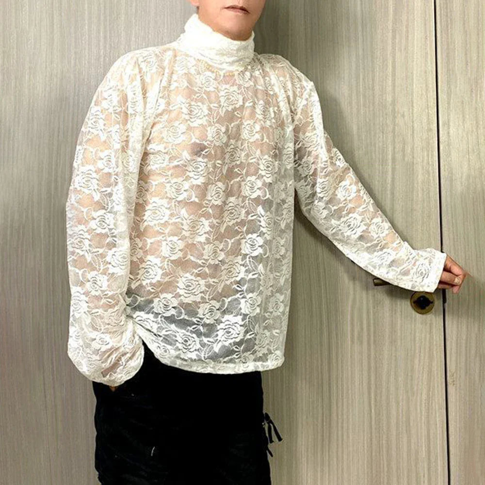 saferido Mens Spring Autumn Lace Transparent Sexy Rose High Neck Long Sleeve T-Shirt Genderless Hollow Breathable Jacquard Top Unisex