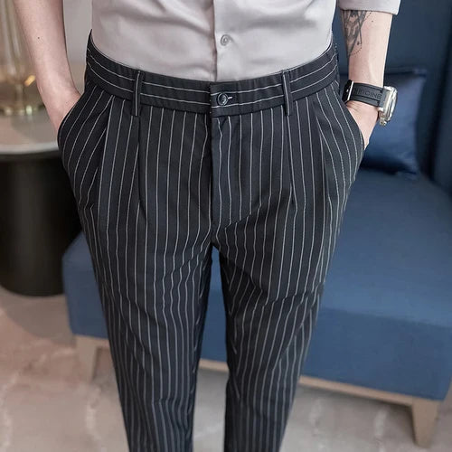 saferido British Style Men Business Stripe Dress Pants Men Belt Design Slim Trousers Formal Office Social Wedding Party Dress Suit Pant