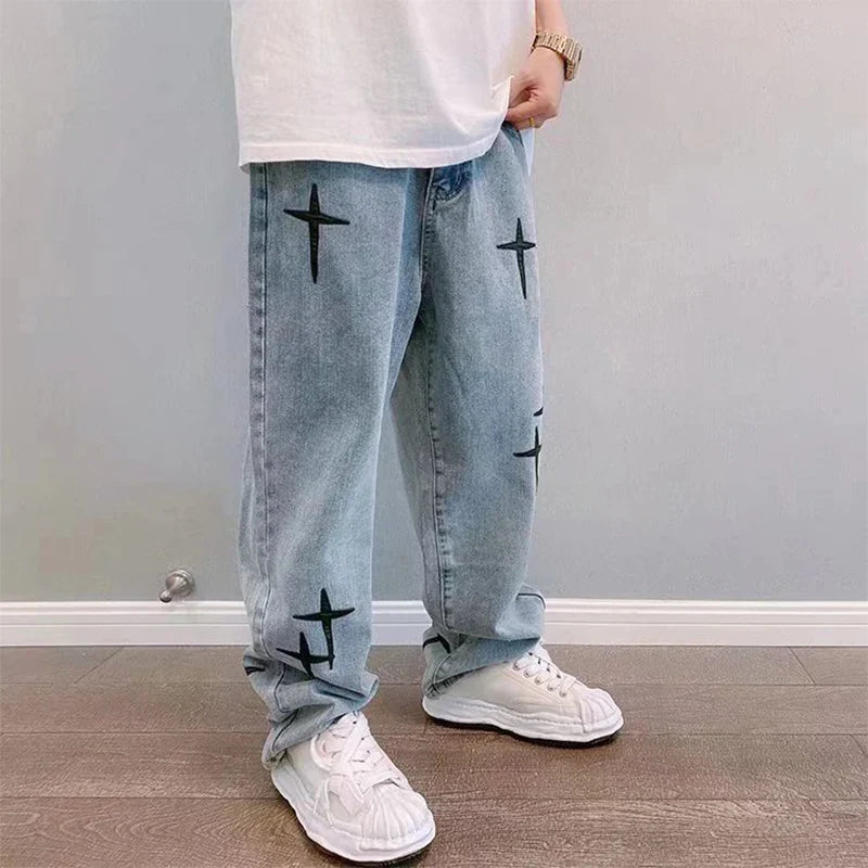 saferido Print Embroidery Jeans Men Vintage Casual Loose Wide Leg Baggy Man Trousers 2024 Spring Summer Fashion Hip Hop Male Cargo Pant