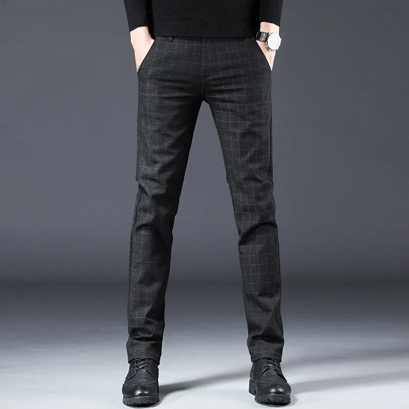 Men's New Designer Plaid Business Prom Work Stretch Trousers Male Vintage Soft Cotton Slim Fit Straight Leg Casual Long Pants