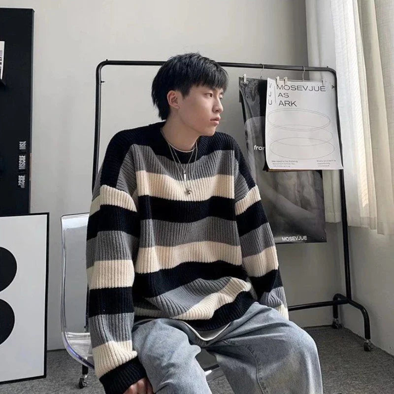 saferido Man Clothes Striped Long Knitted Sweaters for Men Brown Pullovers S 90s Vintage Y2k A Korean Autumn Jumpers Neck Overfit X