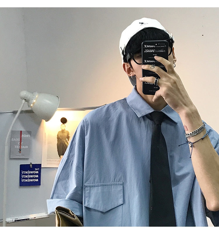 saferido Summer New Fashion Loose Solid Shirts Men's Casual Short Sleeve Shirts Turn-down Collar Clothing Blouses Tops Q02