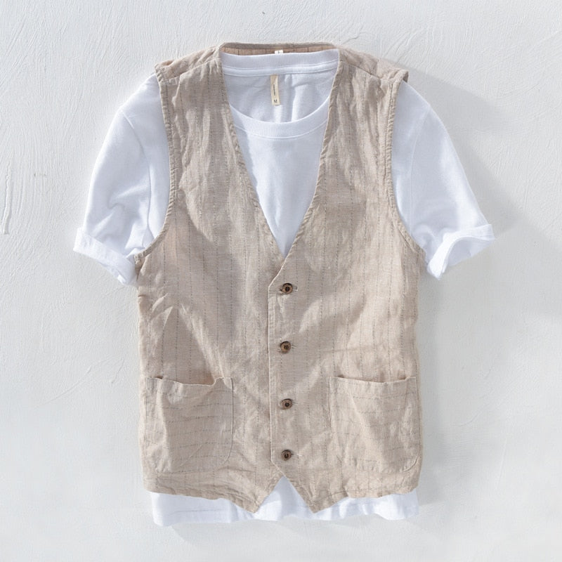 Men Vintage Vest Slim Linen Cotton Blazer Vest Male Casual Thin Striped Suit Waistcoat Clothing Asian Size M-3XL