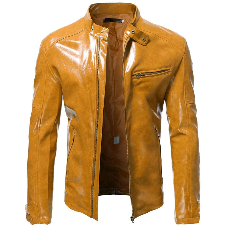 Men's Autumn New Shiny Leather Jacket Fashion Self-cultivation Stand-up Collar Motorcycle Suit PU Handsome Short Top S-5XL