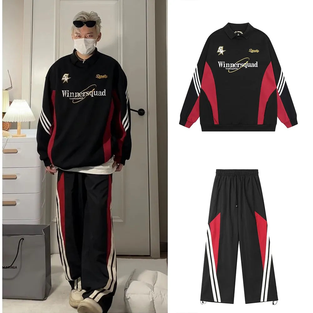 Baggy Two Piece Set for Men Parachute Wide Leg Pants Sweatshirts Outfit Tracksuit Men Polo Vintage Casual Streetwear