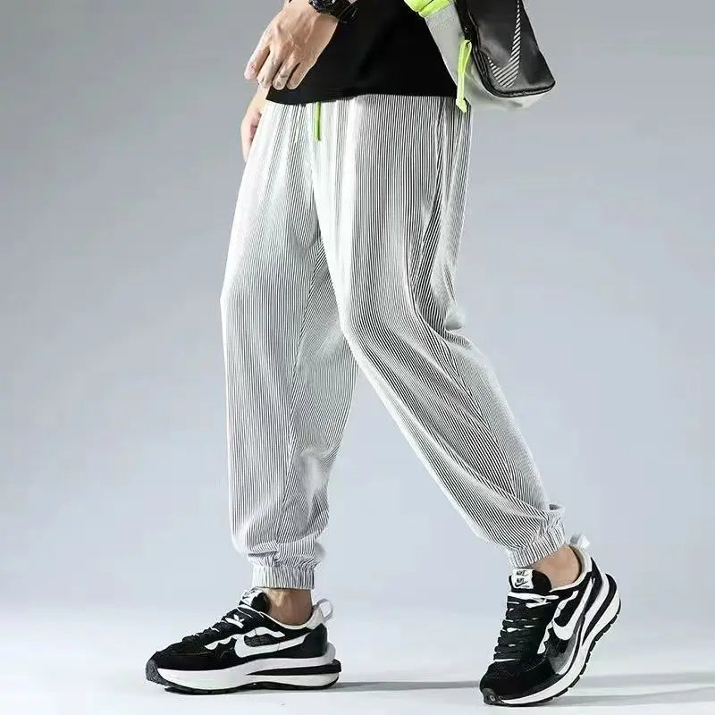 saferido Summer Thin Ice Silk Straight Loose Casual Pants Men Solid Korean Elastic Waist Drawstring Patchwork Pocket Wide Leg Trousers