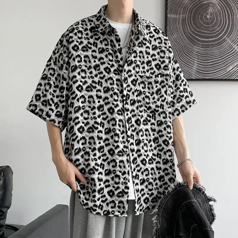 Fashion Casual Streetwear Korean Leopard Loose Button Handsome Shirts Spring Summer Thin Men's Clothing Turn-down Collar Tops