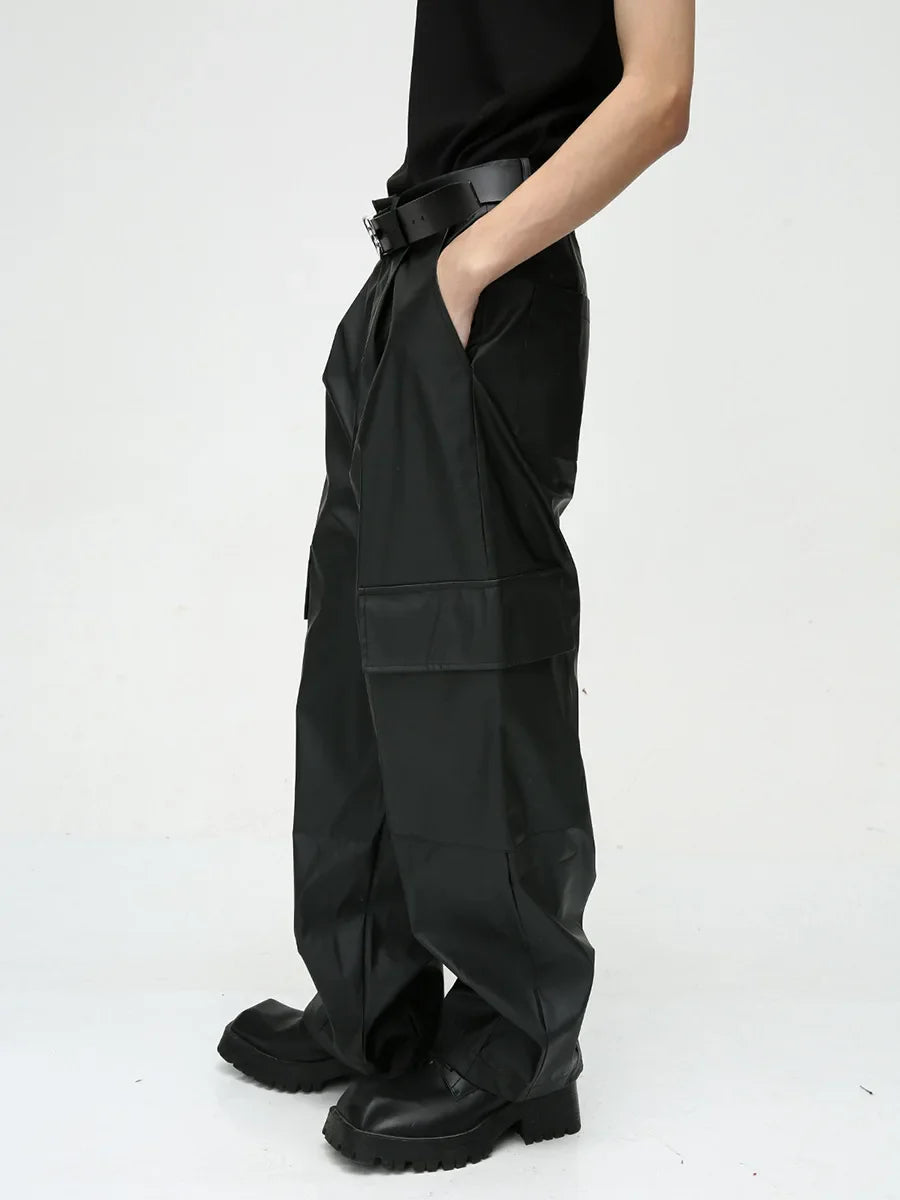 saferido Autumn American style pleated design drape floor mopping niche casual PU leather pants men's trendy pants pantalon homme cuir