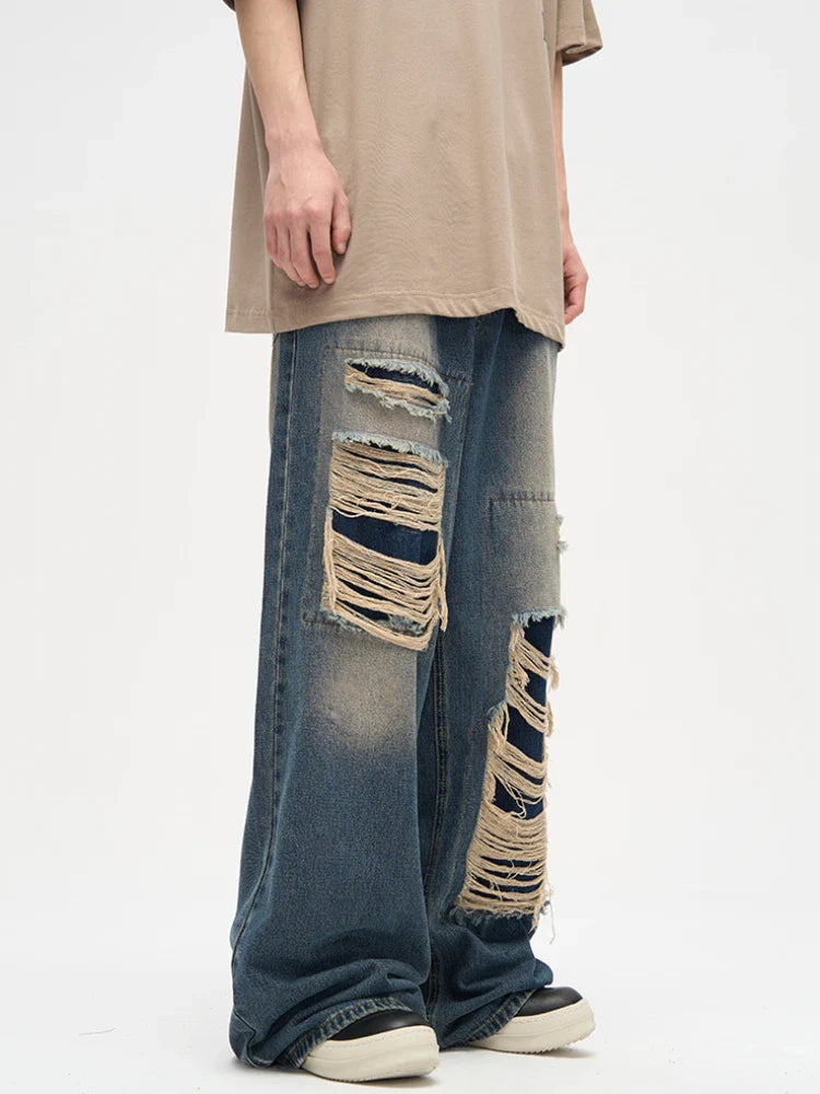 Jeans for Men Casual Straight Loose Summer Daily Hole Solid Color High Street Denim Trousers Breathable Trendy All-match Unisex