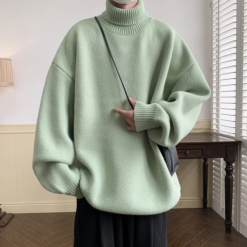 saferido Men's Turtleneck Sweater Pullover Men Loose Casual Harajuku Korean Fashion Mens Oversized Sweater Fashion Thicken Warm Sweaters