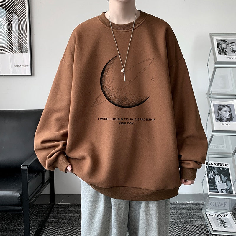 Winter Warm Sweatshirts New Men Simple Stroke Moon Graphic Pullovers Oversized Korean Style Man Letter Print O Neck Tops