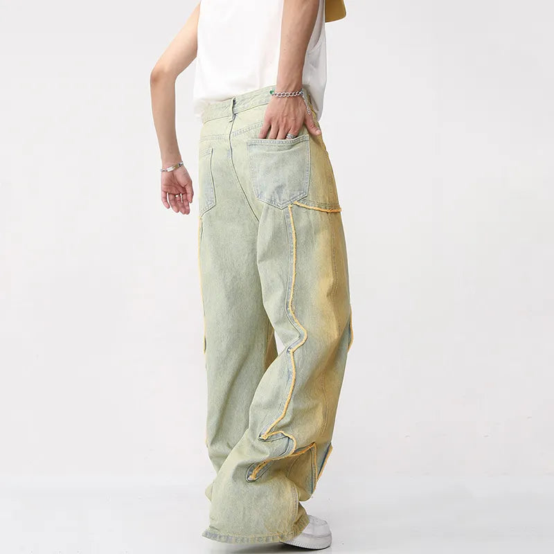 High Street Male Fashion Vintage Jeans Trendy American Style Gradient Straight Denim Pants New Men's Burrs Trousers
