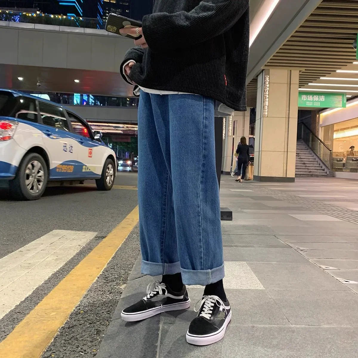 saferido Men's Jeans Straight Wide Leg Loose Pants Spring and Autumn Elasticated Waist Vintage Casual Trousers Bottoms Plus Size S-3XL
