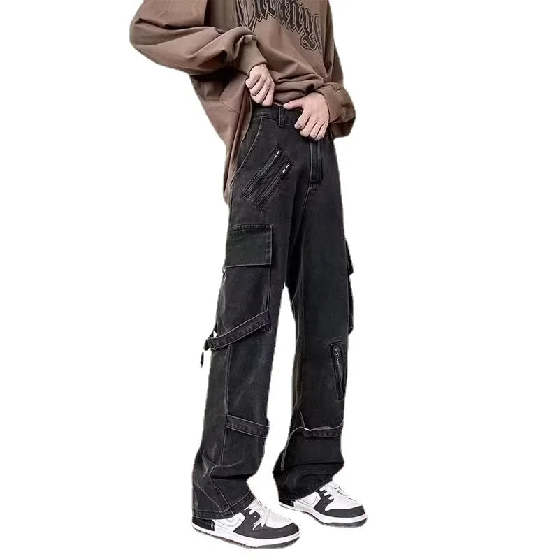 saferido American Stylevibe Black Trendy Straight-leg Slim Fit Jeans For Men Comfortable Loose Fit Drawstring Pants