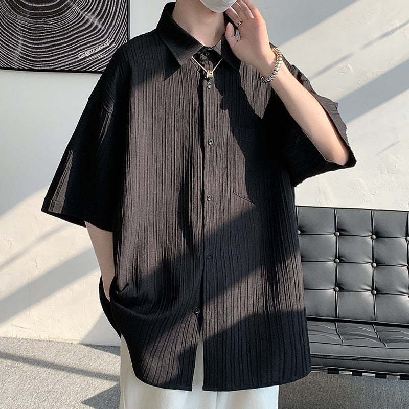 Summer Ice Silk Vertical Stripe Shirt Men Summer Short Sleeve Lapel Shirts Blouse Top Loose Casual Men Clothing Camisas