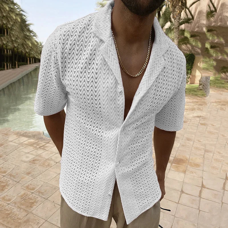 saferido Spring Summer Fashion Hollow Out Knit Shirts Men Solid Color Short Sleeve Button Lapel Tops For Mens Clothes Leisure Shirt