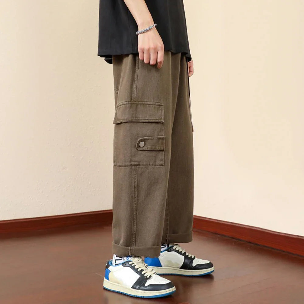 saferido Mens Casual Cargo Pants Hip-Hop Solid Color High Street Retro Loose Japanese Straight Pants Spring and Autumn New Style