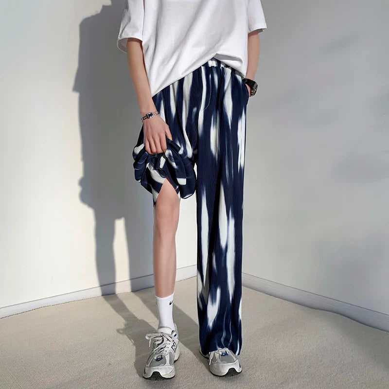 saferido Black Tie-dye Wide-leg Pants Men's Summer Loose Straight Ice Silk Drape Casual Pants Korean Style Pleated Pants Men Y2k