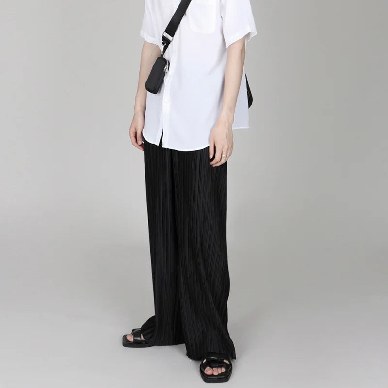 Men Clothing Spring Autumn Ice Silk Pleated Wide Leg Pants Elastic Waist Causal Loose Straight Trousers For Male