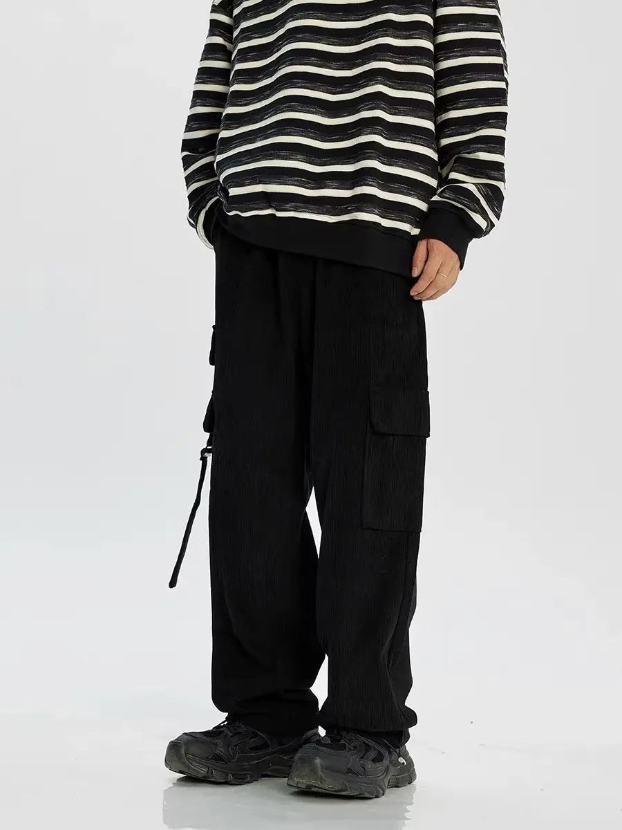 saferido Corduroy Cargo Pants Men Oversize Wide Leg Cargo Trousers Male Streetwear Hip Hop Harajuku Green Loose Japanese Vintage
