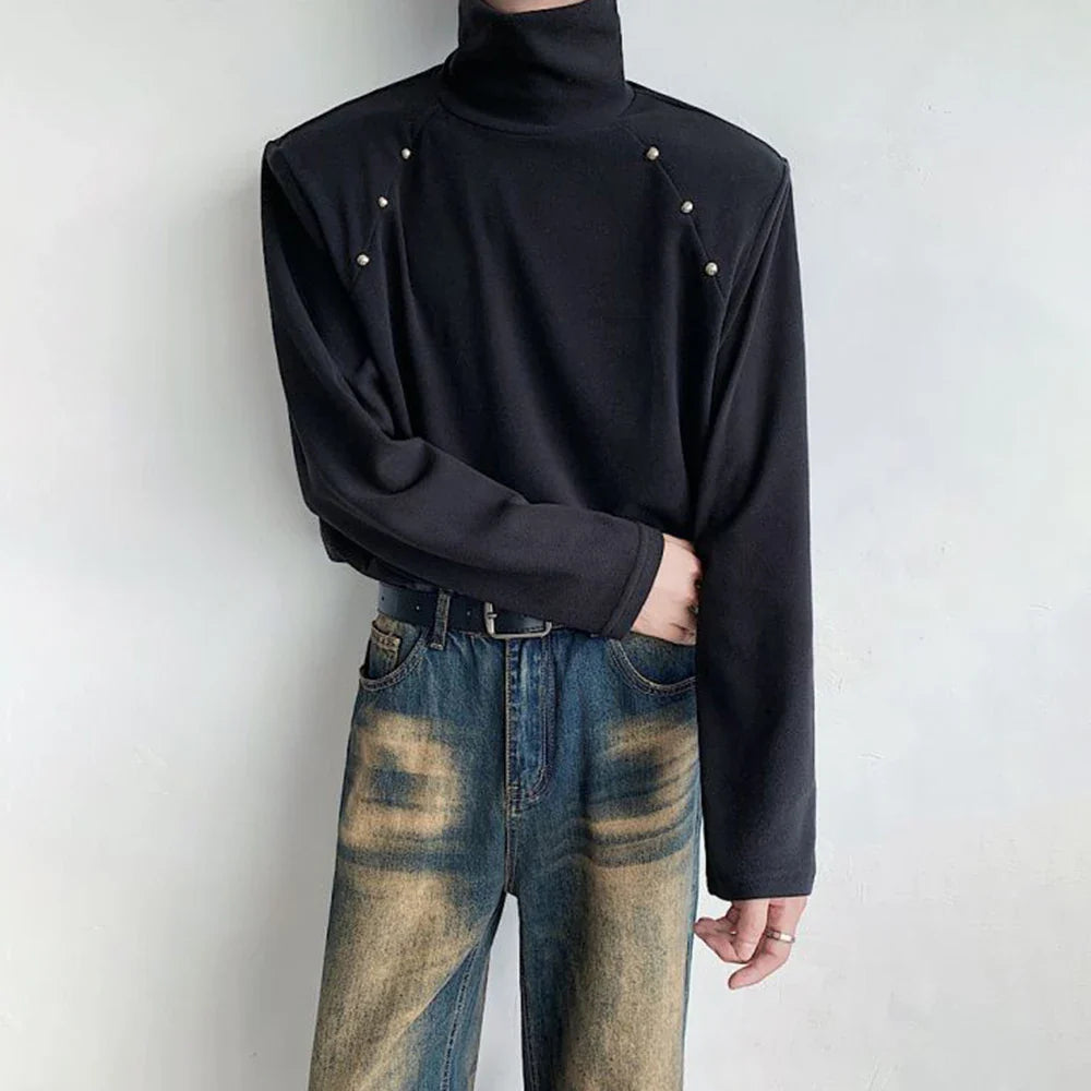 saferido Rivet High Collar White Y2k Long-Sleeved T-Shirt Mens Spring And Autumn Street Fashion Casual Inner Bottoming Shirt Pullover Top