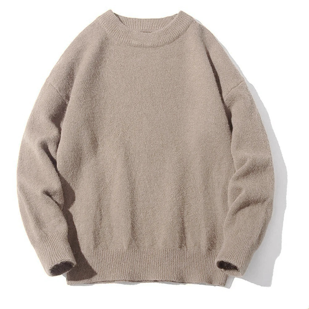 saferido Mens Autumn Japanese Lazy Style Sweater 2024 New Essential Round Neck Loose Casual Simple Solid Color Long-Sleeve Sweater For Men