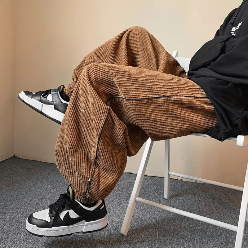 saferido Winter Japanese Retro Wide Leg Pants for Men Corduroy Haren Pants Oversized Casual Jogging Sweatpants Hip-hop Street Male