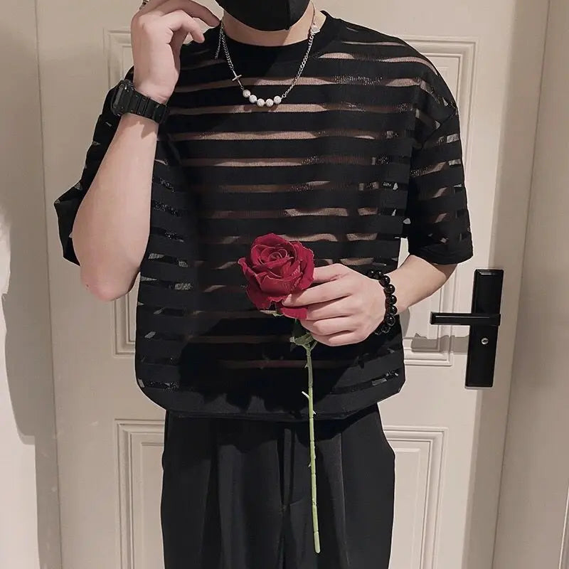 saferido Korean New Men's Clothing Fashion Hollow Out Striped Tops Man Comfortable Breathable Lace Thin Style T-shirt