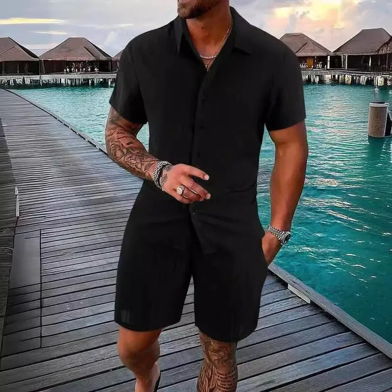 Spring And Summer New Sports Men's Polo Casual Solid Color Loose Short-sleeved Drawstring Shorts Cardigan Striped Sports Suit