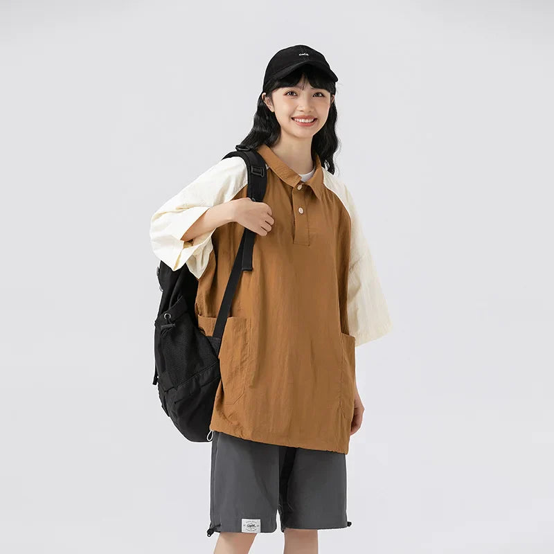 saferido Couple Japanese Shirt Harajuku Oversized Short Sleeve Shirt for Men Women Hawaiian Contrast Stitching Polo Geometric Streetwear