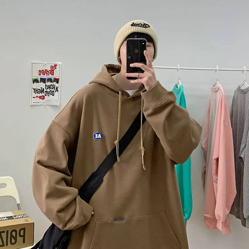 saferido Casual Autumn Man Hooded Sweatshirts Classic Solid Color Loose Oversized Hoodie College Style Japanese Hoodies Designer Tops