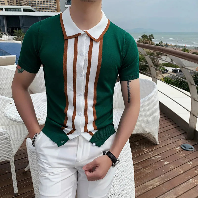 saferido Spring Men Short Sleeve Polo Contrast Stripes Lapel Top Korean Slim Knit Men Polo High Quality Tee Shirt Camisa Hombre 4XL